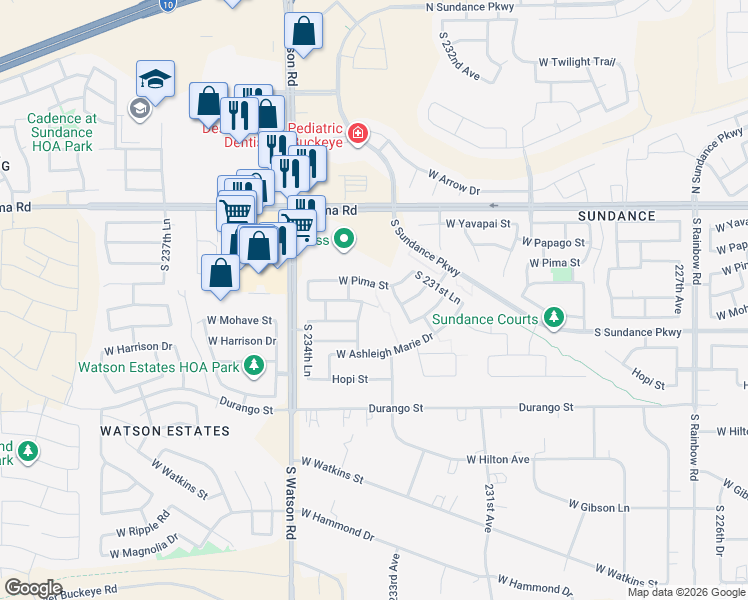 map of restaurants, bars, coffee shops, grocery stores, and more near 23340 West Cocopah Street in Buckeye