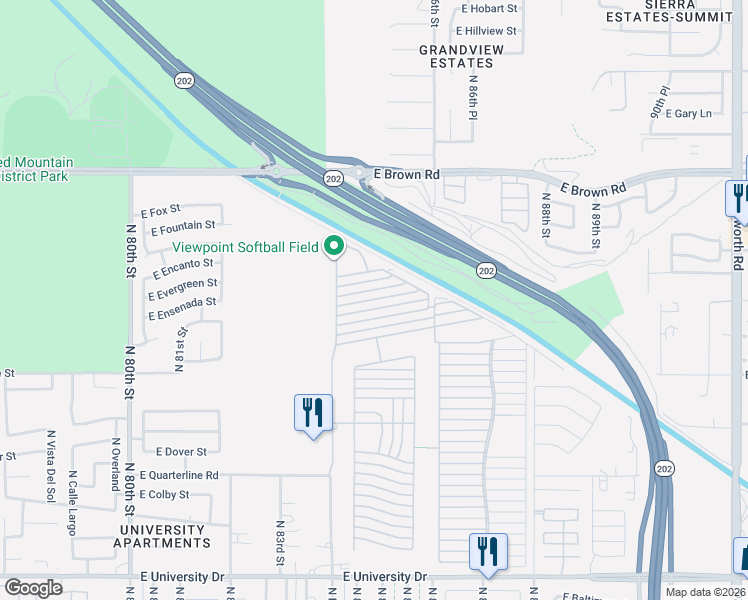 map of restaurants, bars, coffee shops, grocery stores, and more near East Viewpoint Trailer Resort in Mesa