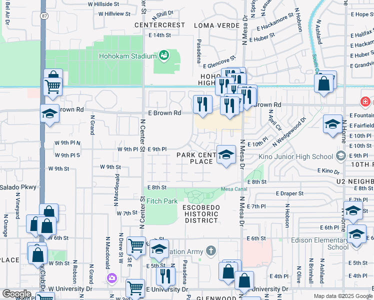 map of restaurants, bars, coffee shops, grocery stores, and more near 945 North Pasadena in Mesa