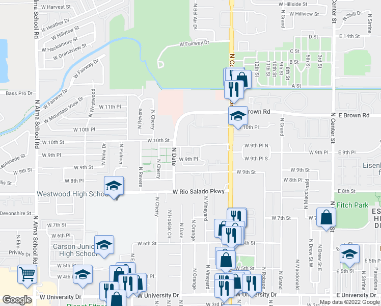 map of restaurants, bars, coffee shops, grocery stores, and more near 528 West 9th Place in Mesa
