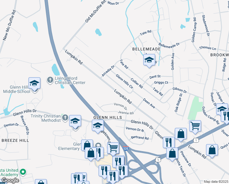 map of restaurants, bars, coffee shops, grocery stores, and more near 2830 Lumpkin Road in Augusta