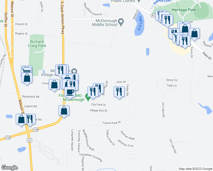 map of restaurants, bars, coffee shops, grocery stores, and more near 100 Greystone Drive in McDonough