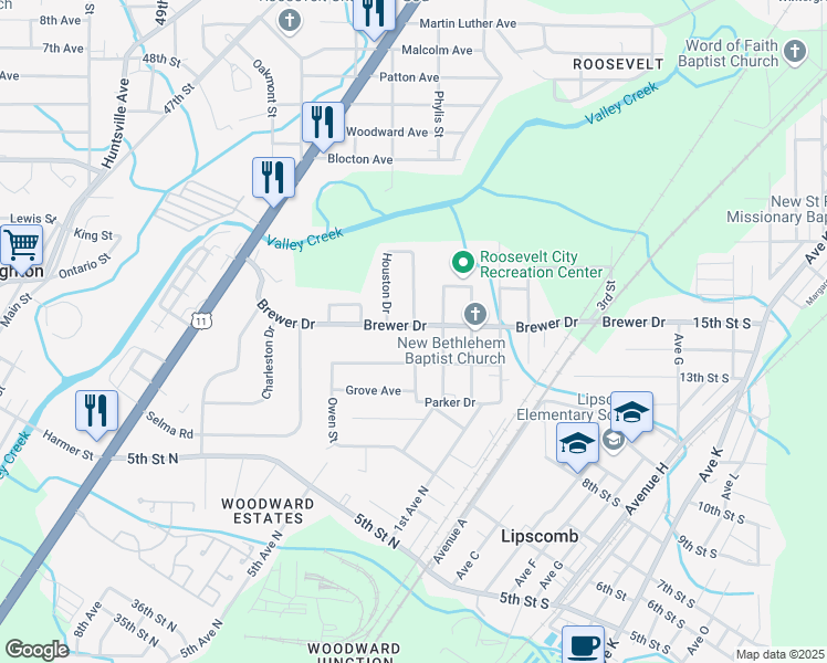 map of restaurants, bars, coffee shops, grocery stores, and more near 536 Brewer Drive in Bessemer