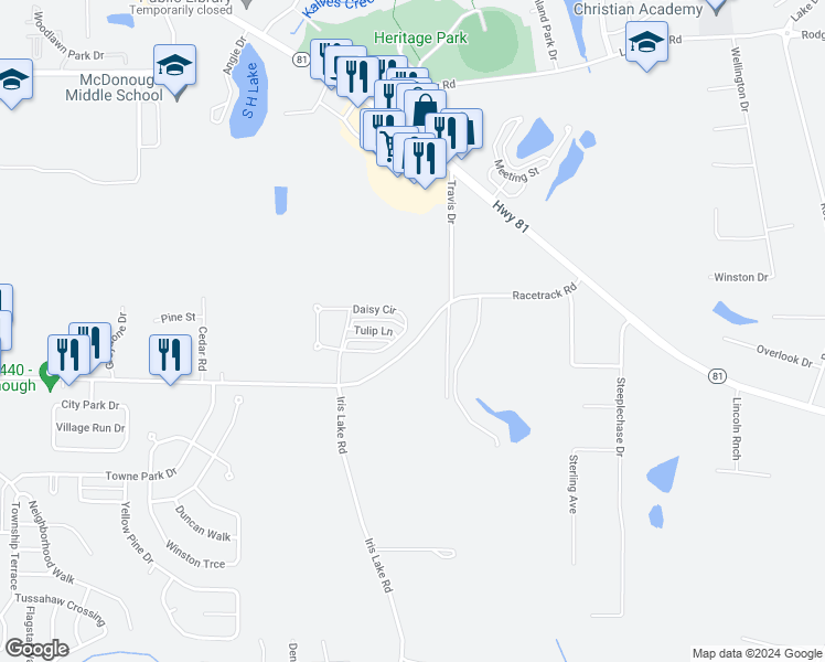 map of restaurants, bars, coffee shops, grocery stores, and more near 140 Daisy Circle in McDonough