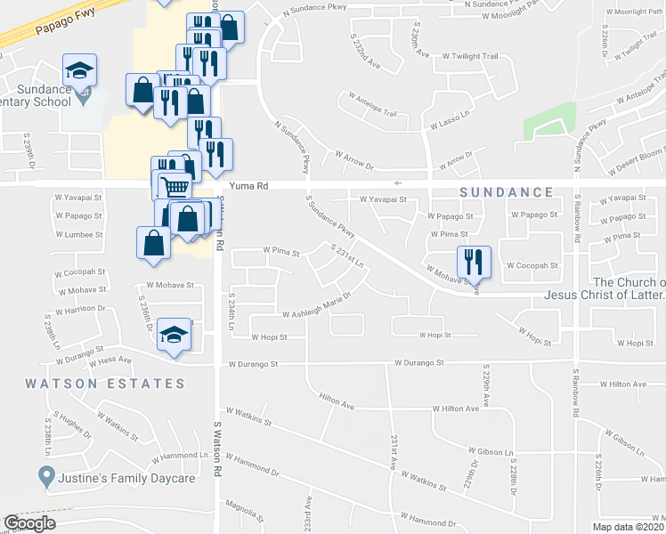 map of restaurants, bars, coffee shops, grocery stores, and more near 23251 West Cocopah Street in Buckeye