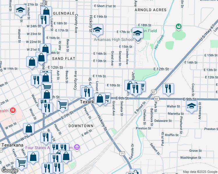 map of restaurants, bars, coffee shops, grocery stores, and more near 910 East 10th Street in Texarkana