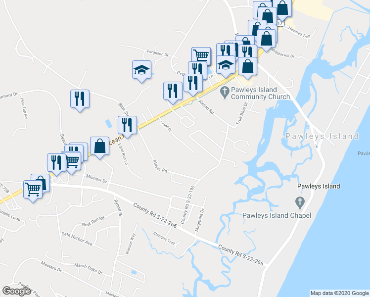 map of restaurants, bars, coffee shops, grocery stores, and more near 228 Crane Drive in Pawleys Island