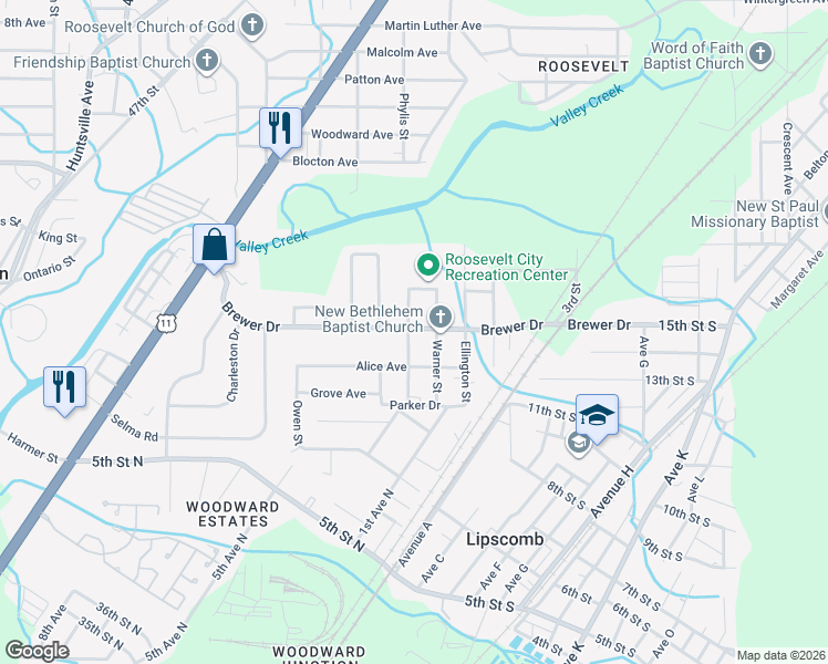 map of restaurants, bars, coffee shops, grocery stores, and more near 6020 Warner Street in Birmingham
