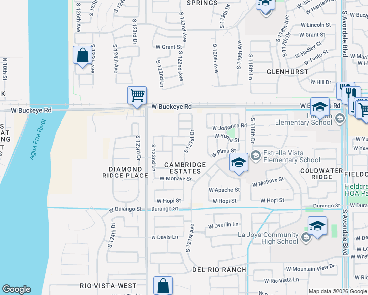 map of restaurants, bars, coffee shops, grocery stores, and more near 1505 South 121st Drive in Avondale