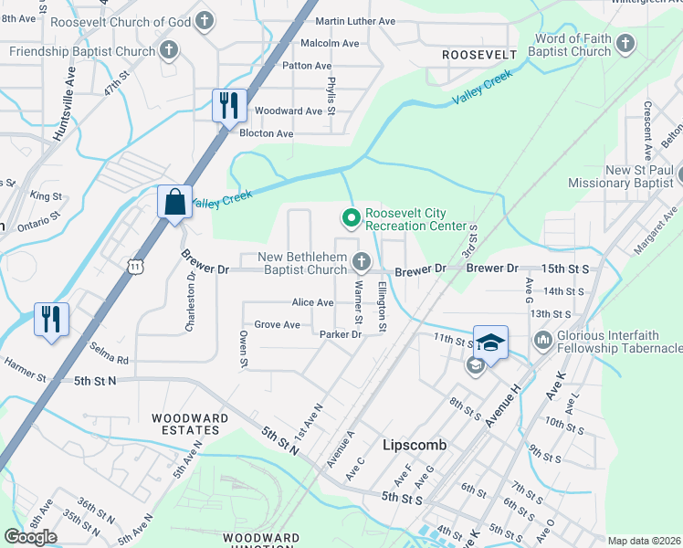 map of restaurants, bars, coffee shops, grocery stores, and more near 6020 Warner Street in Birmingham