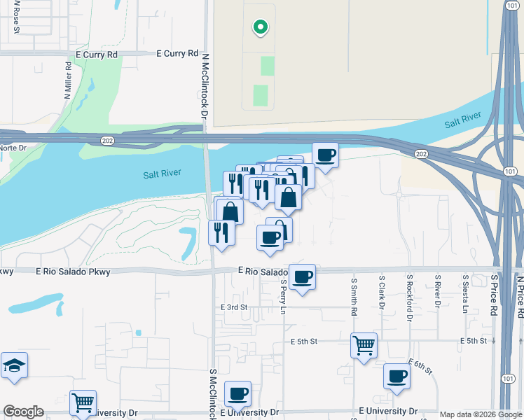 map of restaurants, bars, coffee shops, grocery stores, and more near 35 South McClintock Drive in Tempe
