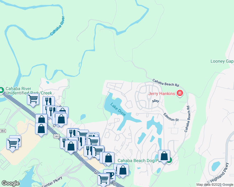 map of restaurants, bars, coffee shops, grocery stores, and more near 2301 East Inverness Parkway in Birmingham