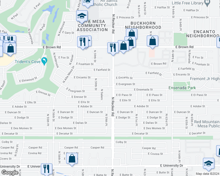 map of restaurants, bars, coffee shops, grocery stores, and more near 919 North Shannon Circle in Mesa