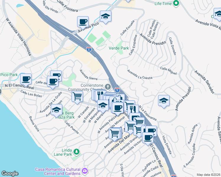 map of restaurants, bars, coffee shops, grocery stores, and more near 103 El Oriente in San Clemente