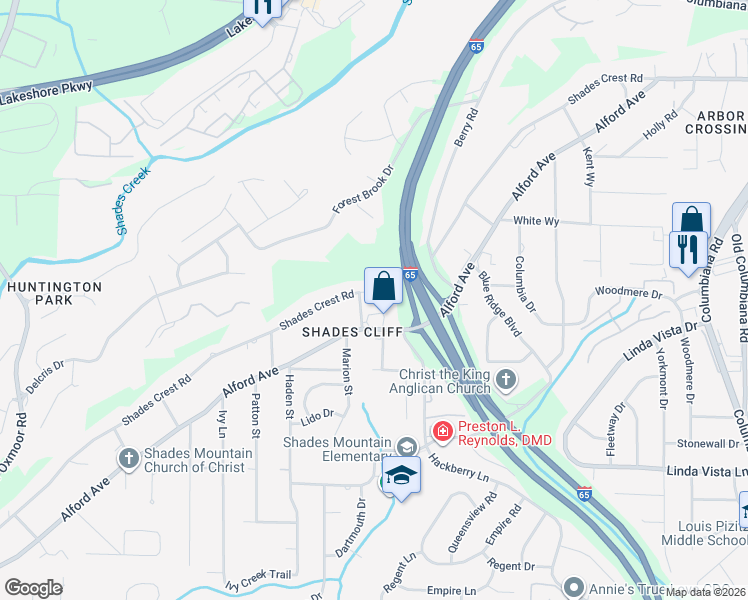 map of restaurants, bars, coffee shops, grocery stores, and more near 1205 Shades Crest Road in Birmingham