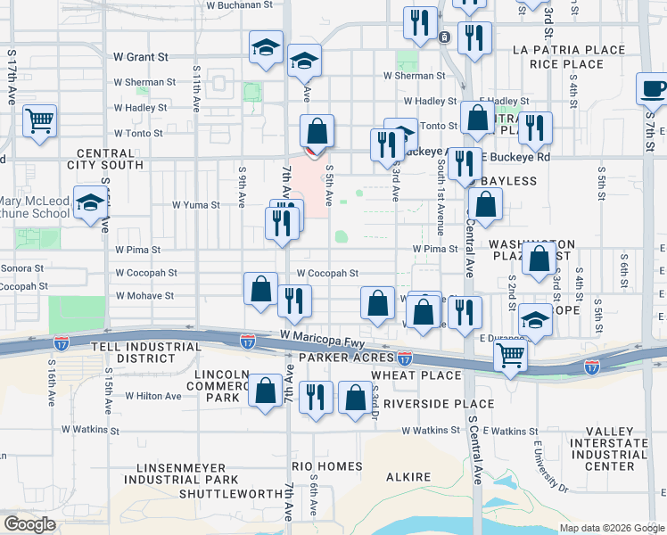 map of restaurants, bars, coffee shops, grocery stores, and more near 383 West Cocopah Street in Phoenix