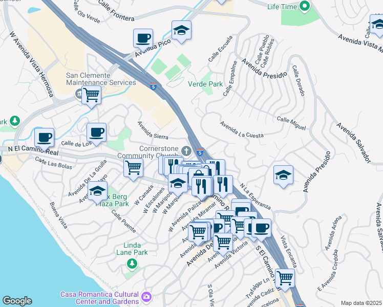 map of restaurants, bars, coffee shops, grocery stores, and more near 525 Avenida Los Flores in San Clemente