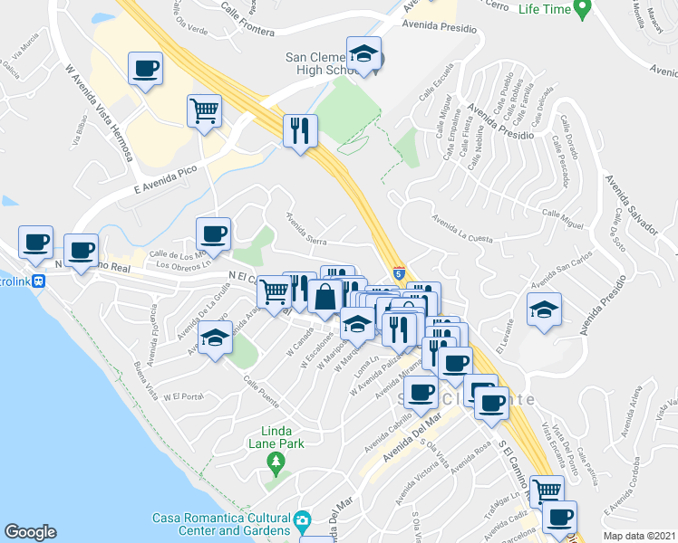 map of restaurants, bars, coffee shops, grocery stores, and more near 218A East El Portal in San Clemente