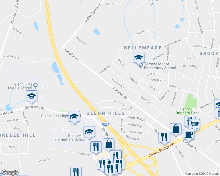 map of restaurants, bars, coffee shops, grocery stores, and more near 2830 Lumpkin Road in Augusta