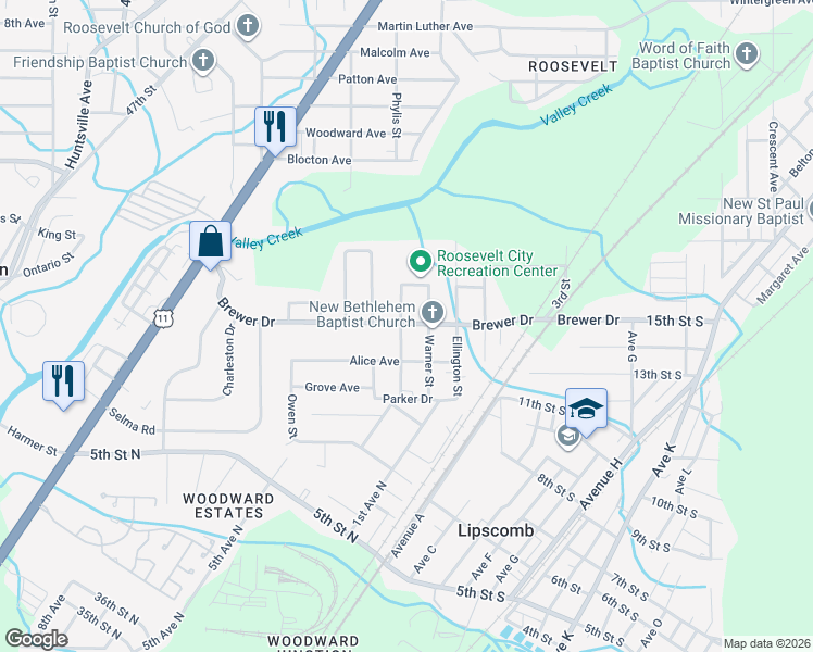 map of restaurants, bars, coffee shops, grocery stores, and more near 6020 Warner Street in Birmingham