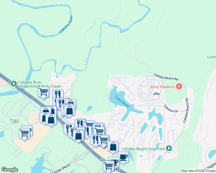 map of restaurants, bars, coffee shops, grocery stores, and more near 19102 East Inverness Parkway in Birmingham