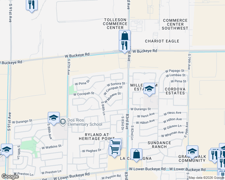 map of restaurants, bars, coffee shops, grocery stores, and more near 8330 West Mohave Street in Tolleson