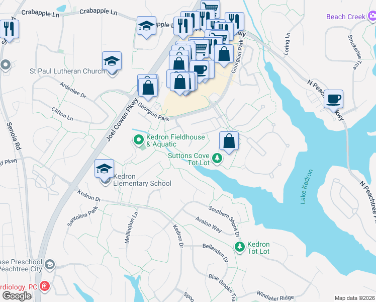 map of restaurants, bars, coffee shops, grocery stores, and more near 132 Sea Island Drive in Peachtree City