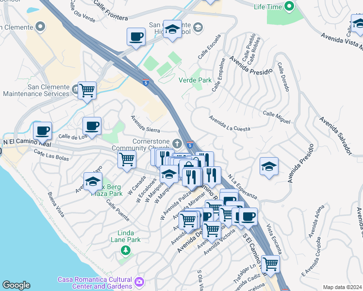 map of restaurants, bars, coffee shops, grocery stores, and more near 103 El Oriente in San Clemente
