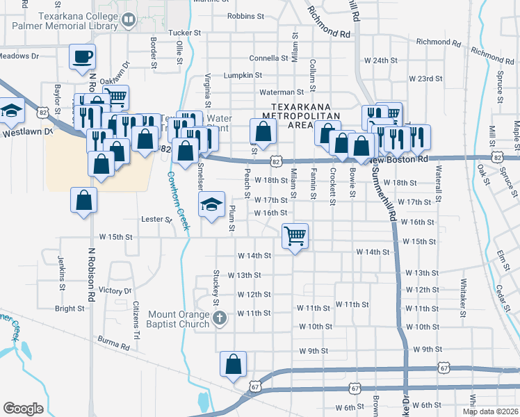 map of restaurants, bars, coffee shops, grocery stores, and more near 6 West 16th Street in Texarkana