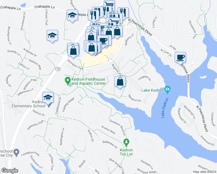 map of restaurants, bars, coffee shops, grocery stores, and more near 312 Coronado Drive in Peachtree City