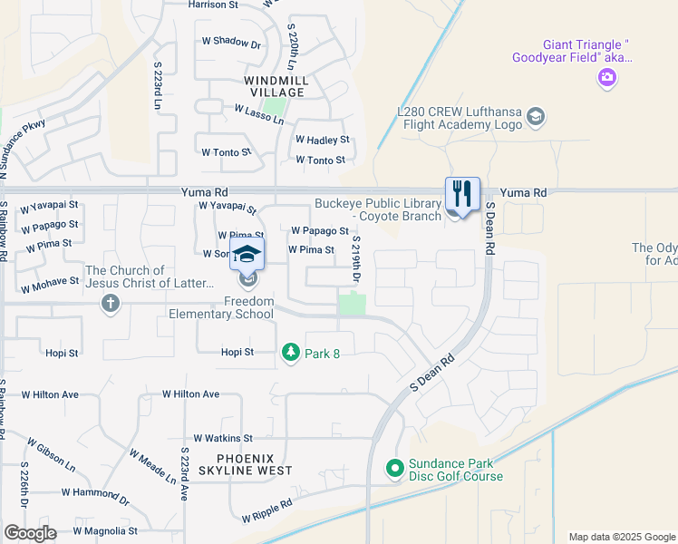 map of restaurants, bars, coffee shops, grocery stores, and more near 21967 West Sonora Street in Buckeye