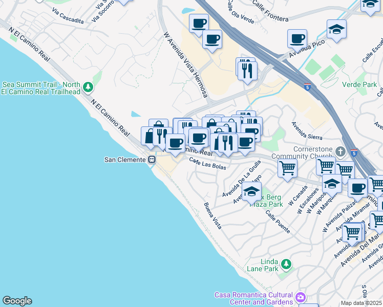 map of restaurants, bars, coffee shops, grocery stores, and more near 1644 North El Camino Real in San Clemente