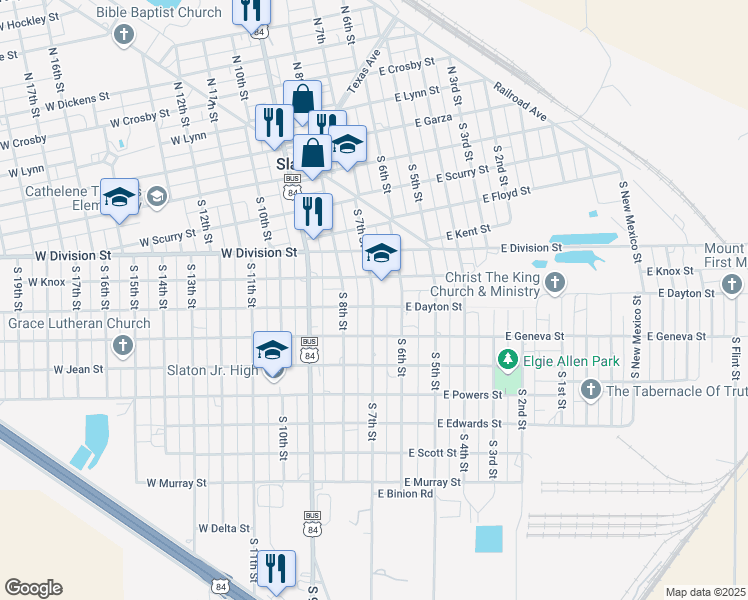 map of restaurants, bars, coffee shops, grocery stores, and more near 740 South 7th Street in Slaton