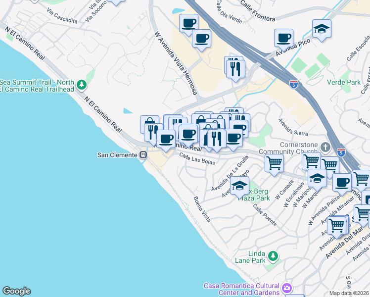 map of restaurants, bars, coffee shops, grocery stores, and more near 1618 Calle Las Bolas in San Clemente