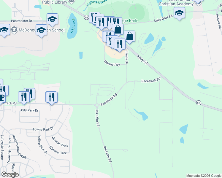 map of restaurants, bars, coffee shops, grocery stores, and more near 549 Tulip Lane in McDonough