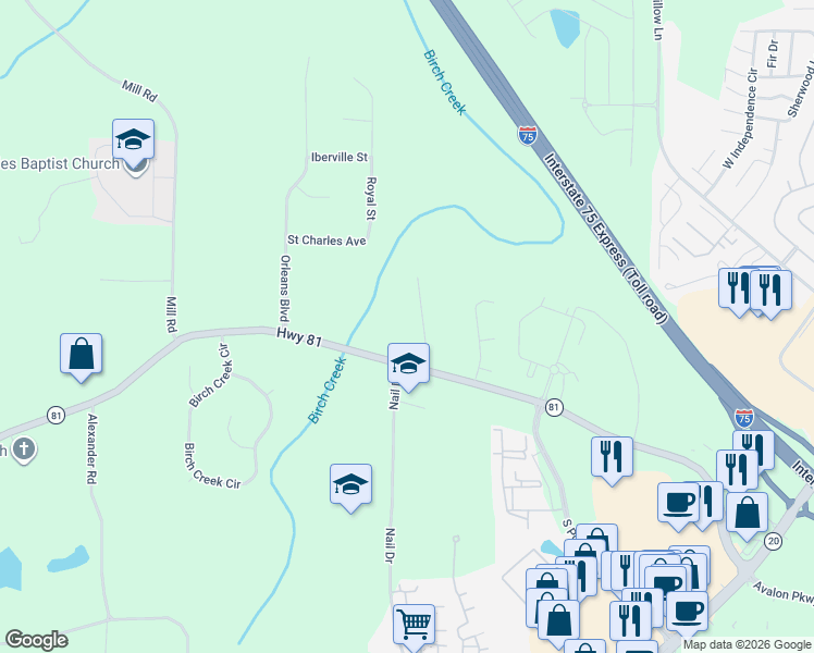 map of restaurants, bars, coffee shops, grocery stores, and more near 15 Jim Alexander Road in McDonough