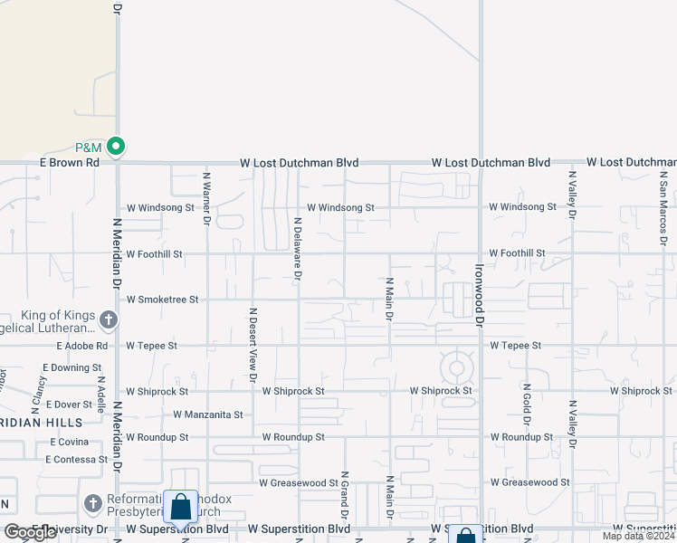 map of restaurants, bars, coffee shops, grocery stores, and more near 1920 North Grand Drive in Apache Junction