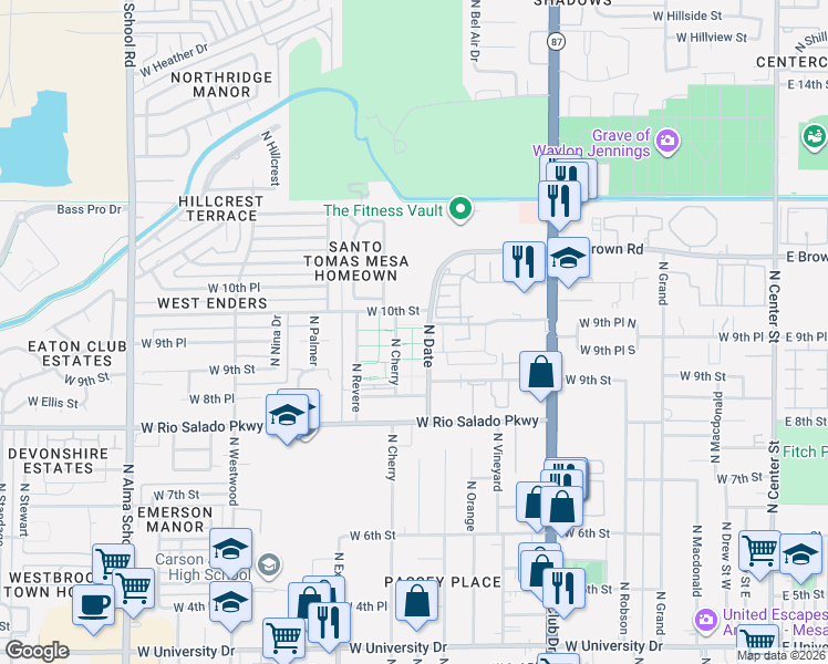 map of restaurants, bars, coffee shops, grocery stores, and more near 925 North Cherry in Mesa