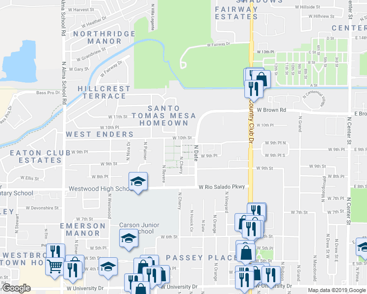 map of restaurants, bars, coffee shops, grocery stores, and more near 925 North Cherry in Mesa