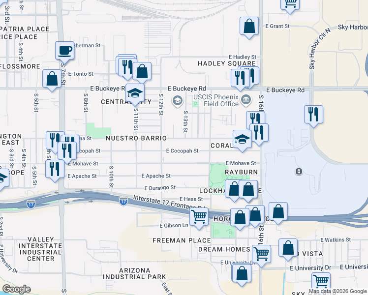 map of restaurants, bars, coffee shops, grocery stores, and more near 1223 East Cocopah Street in Phoenix