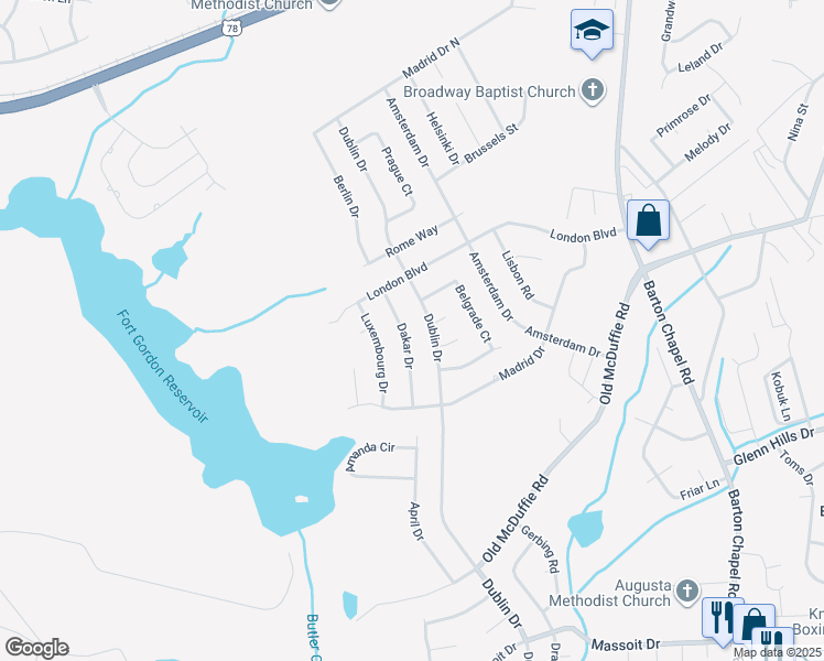 map of restaurants, bars, coffee shops, grocery stores, and more near 2417 Dakar Drive in Augusta