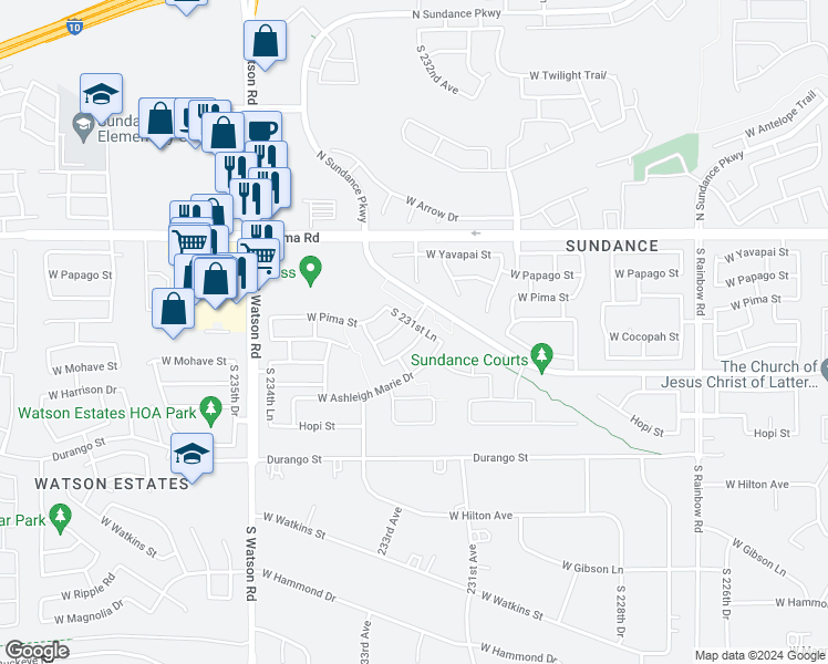 map of restaurants, bars, coffee shops, grocery stores, and more near 23214 West Mohave Street in Buckeye