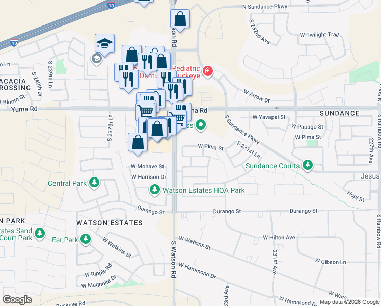 map of restaurants, bars, coffee shops, grocery stores, and more near 23438 West Cocopah Street in Buckeye