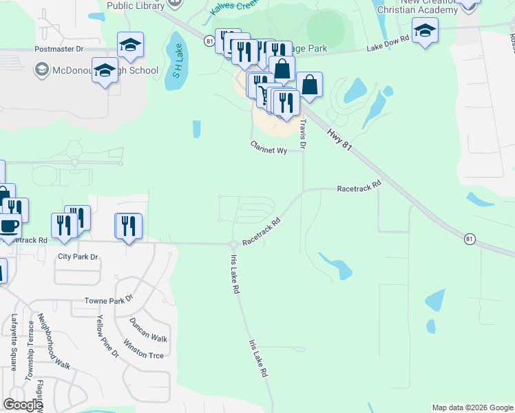 map of restaurants, bars, coffee shops, grocery stores, and more near 132 Daisy Circle in McDonough