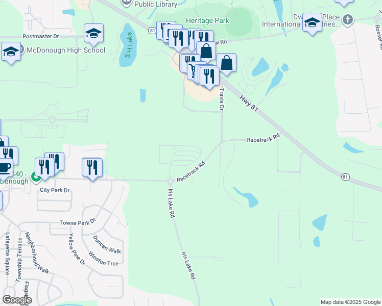 map of restaurants, bars, coffee shops, grocery stores, and more near 132 Daisy Circle in McDonough