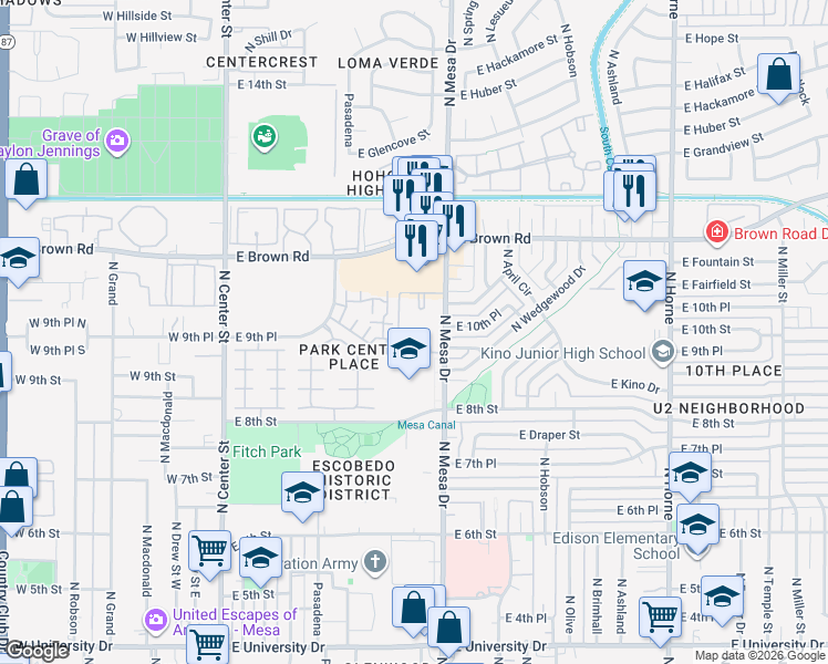 map of restaurants, bars, coffee shops, grocery stores, and more near 930 North Mesa Drive in Mesa