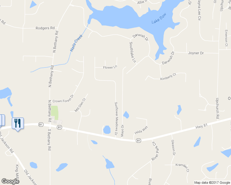 map of restaurants, bars, coffee shops, grocery stores, and more near 124 Sunflower Meadows Drive in McDonough