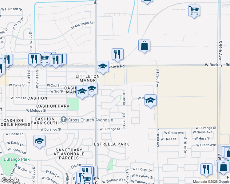 map of restaurants, bars, coffee shops, grocery stores, and more near 10535 West Papago Street in Tolleson
