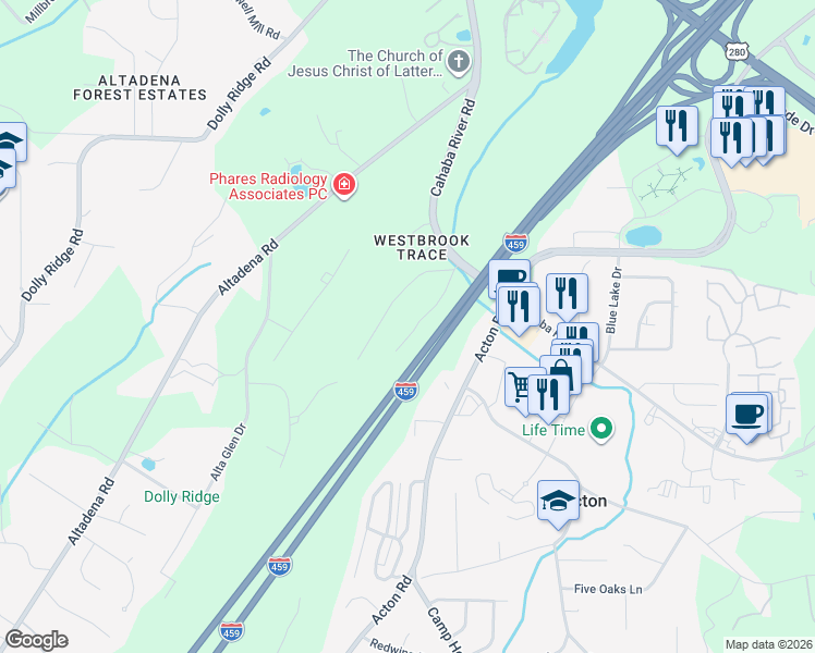 map of restaurants, bars, coffee shops, grocery stores, and more near 2757 Denyse Drive in Birmingham