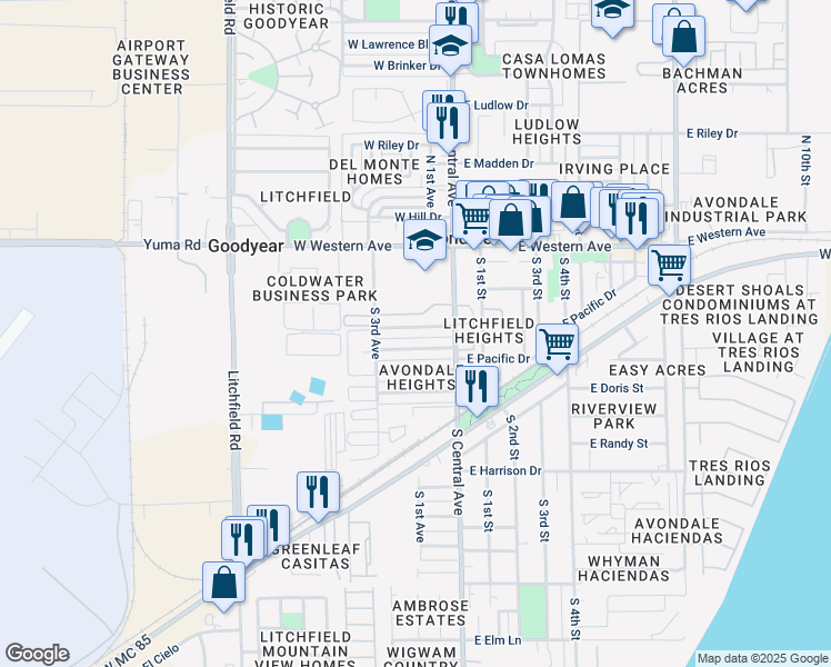 map of restaurants, bars, coffee shops, grocery stores, and more near 201 West Aragon Lane in Avondale